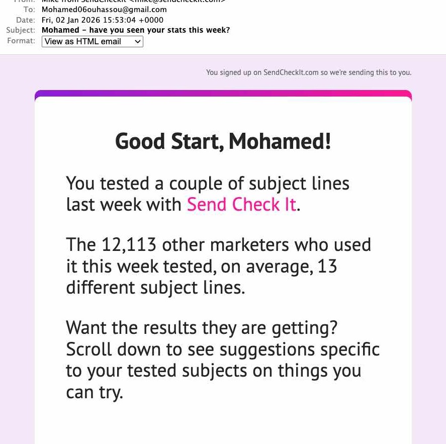 HTML email example from SendCheckIt weekly email